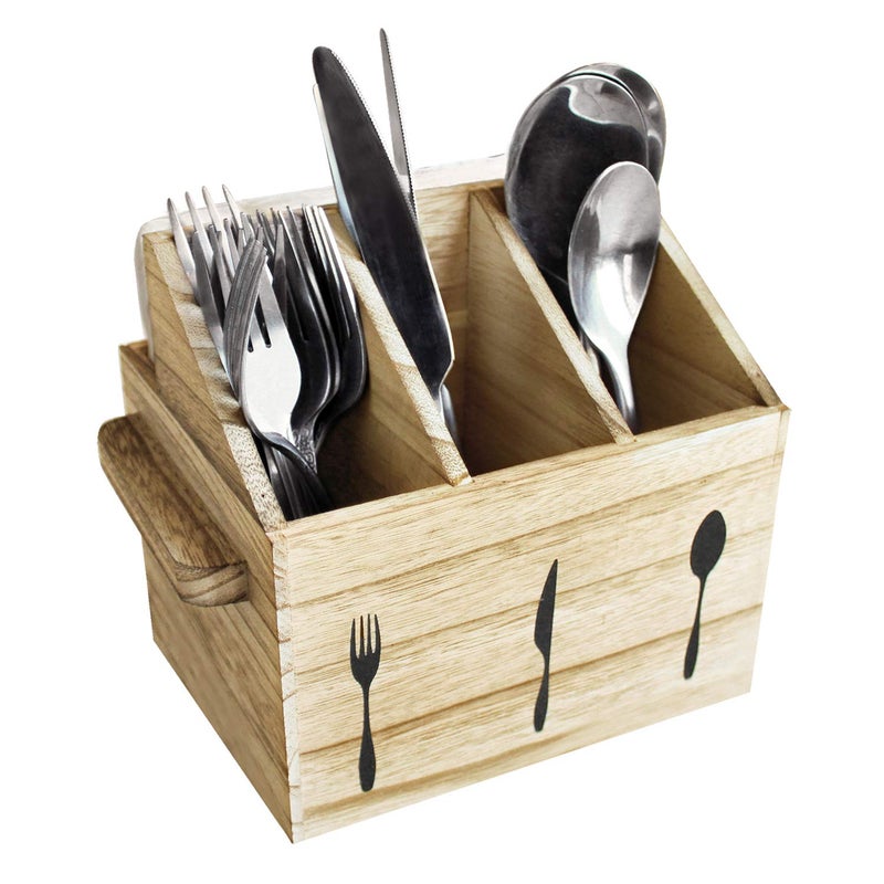 Ikee Design Rustic Elegant Wooden Flatware Organizer Caddy, Oak Color, 7'W x 5.5'D x 6.63'H - Image 1